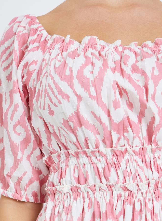 Styli Women Pink Printed Ruched A-Line Midi Dress - Image 3